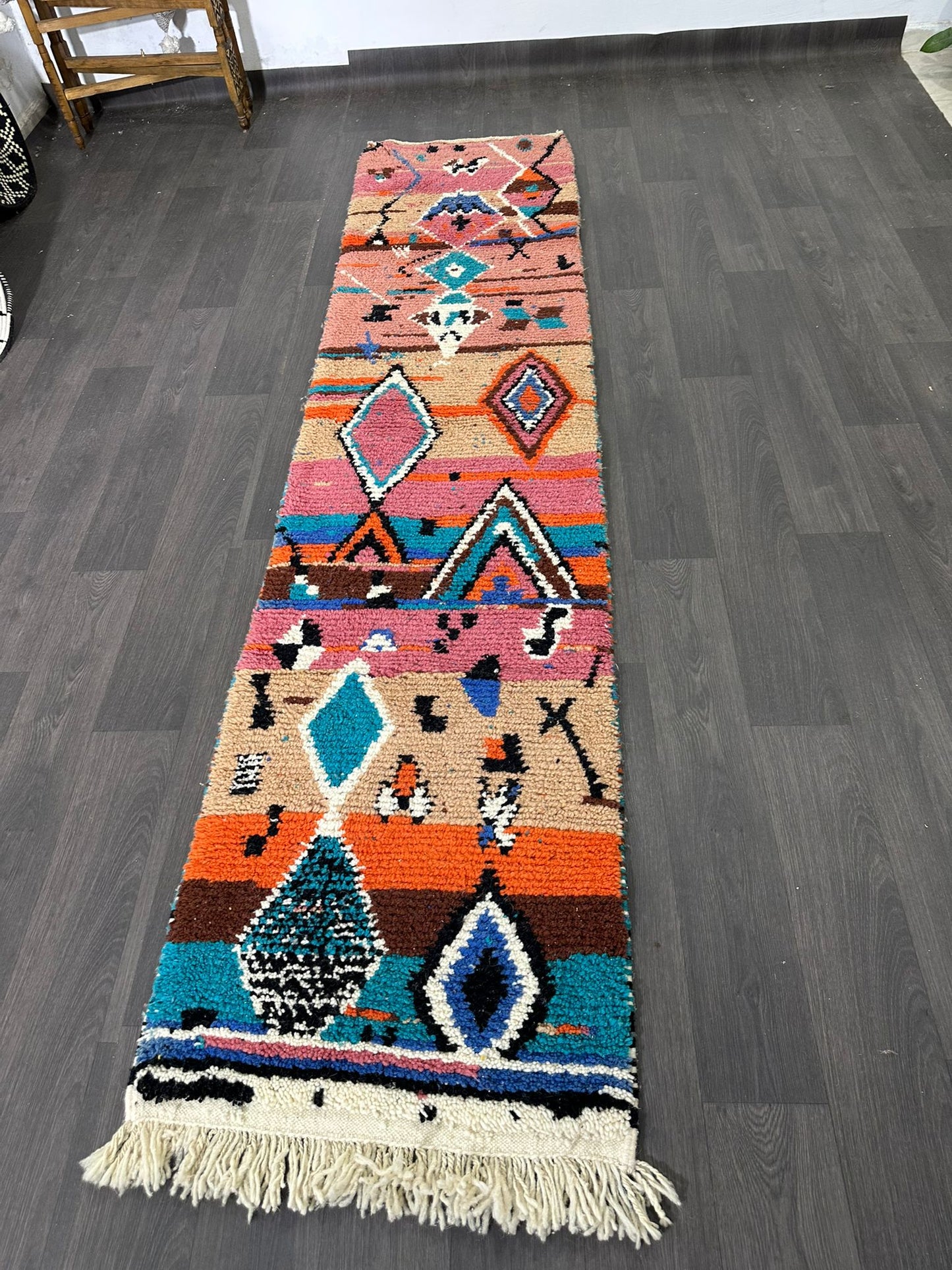 Colorful patterned rug on a wooden floor