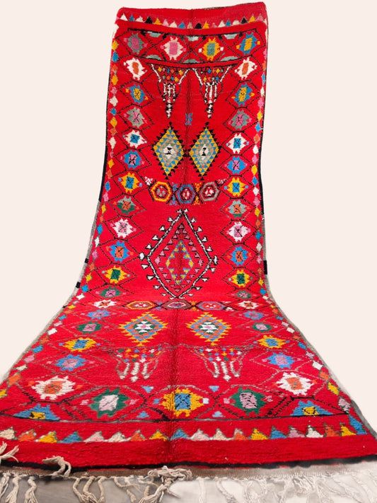 Vintage red Moroccan Boujaad rug with colourful tribal design