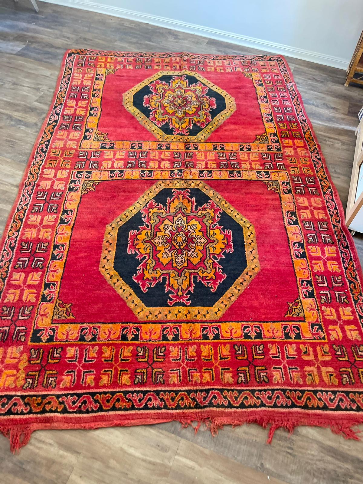 Red Vintage Boujaad Moroccan rug with orange and black accents