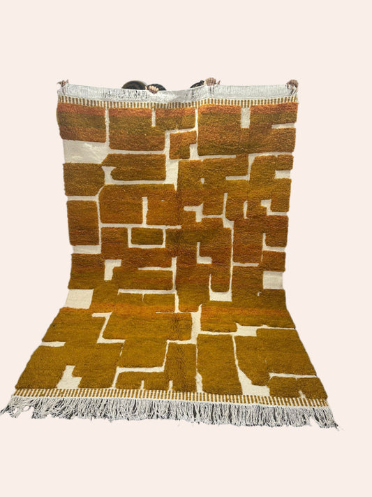 contemporary Moroccan mustard wool rug standing up