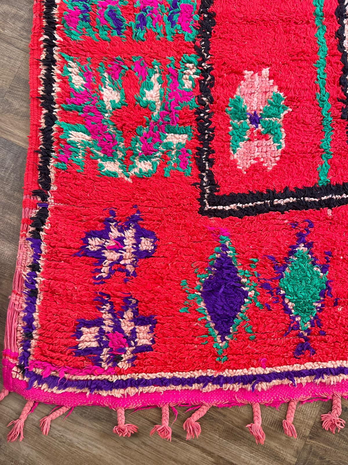 Vintage red Boujaad rug with green, blue and pink accents