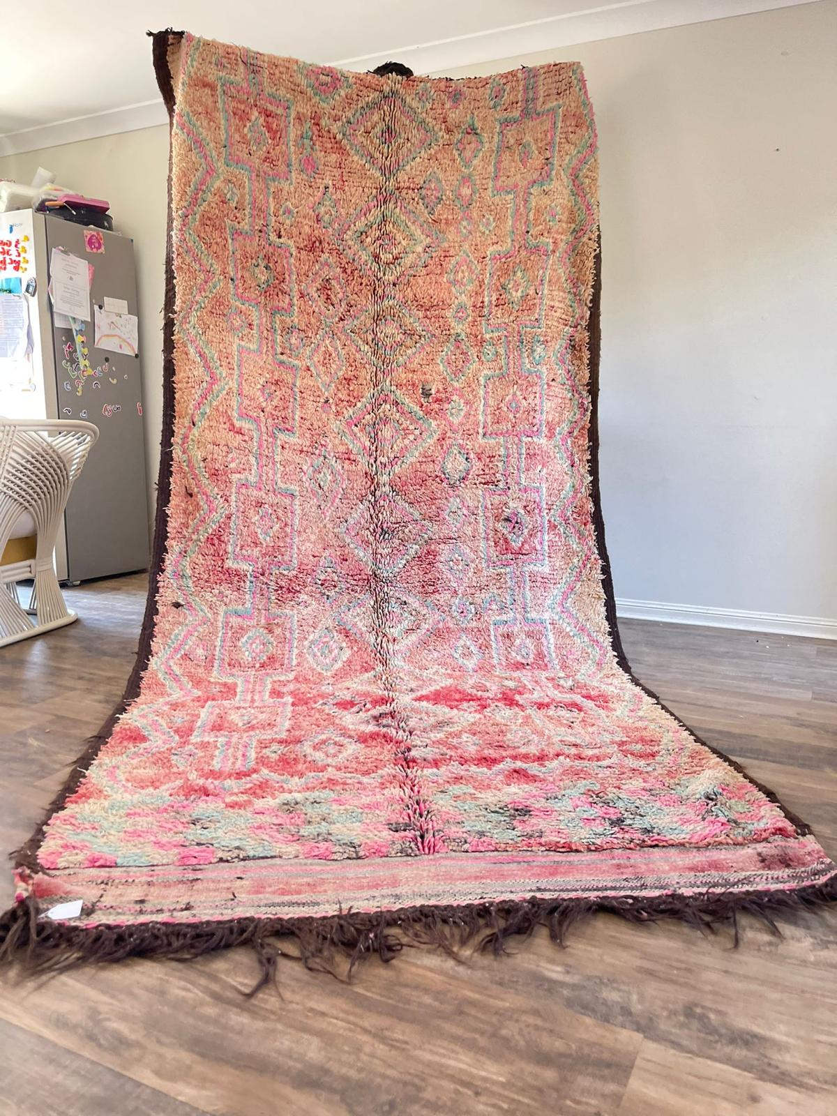 Red vintage Moroccan rug with pink and blue tribal design