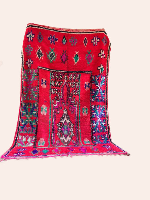 Vintage red Boujaad rug with green, blue and pink accents