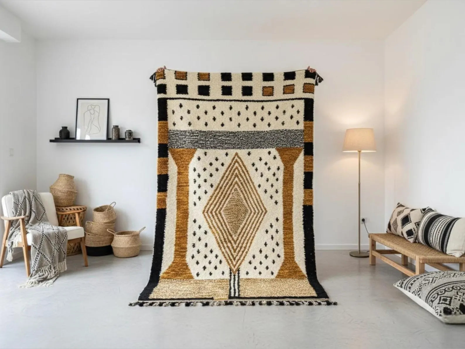 Decorative rug with geometric pattern in a living room setting