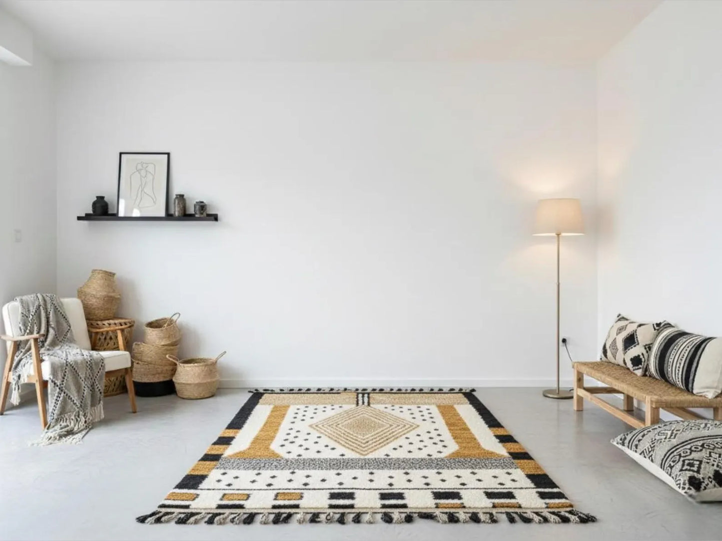 Living room with a patterned rug, wooden bench, and decorative items.