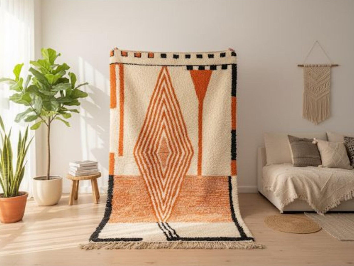 Geometric patterned rug in a room with a plant and sofa.
