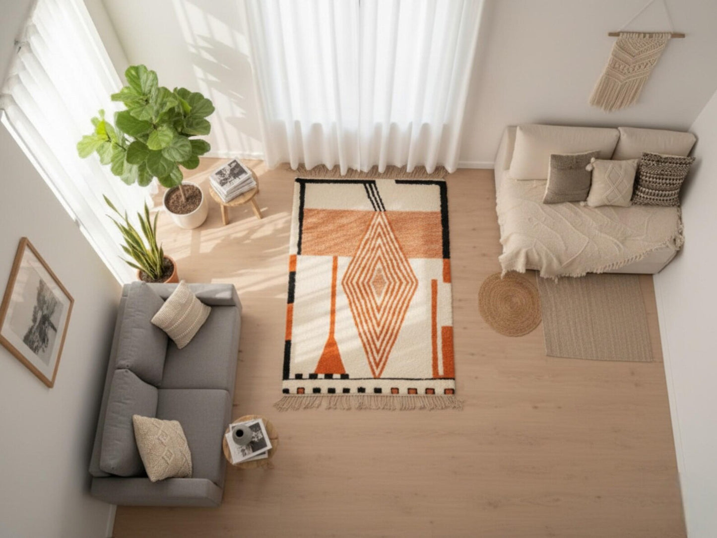 Modern living room with a gray sofa, patterned rug, and decorative elements.