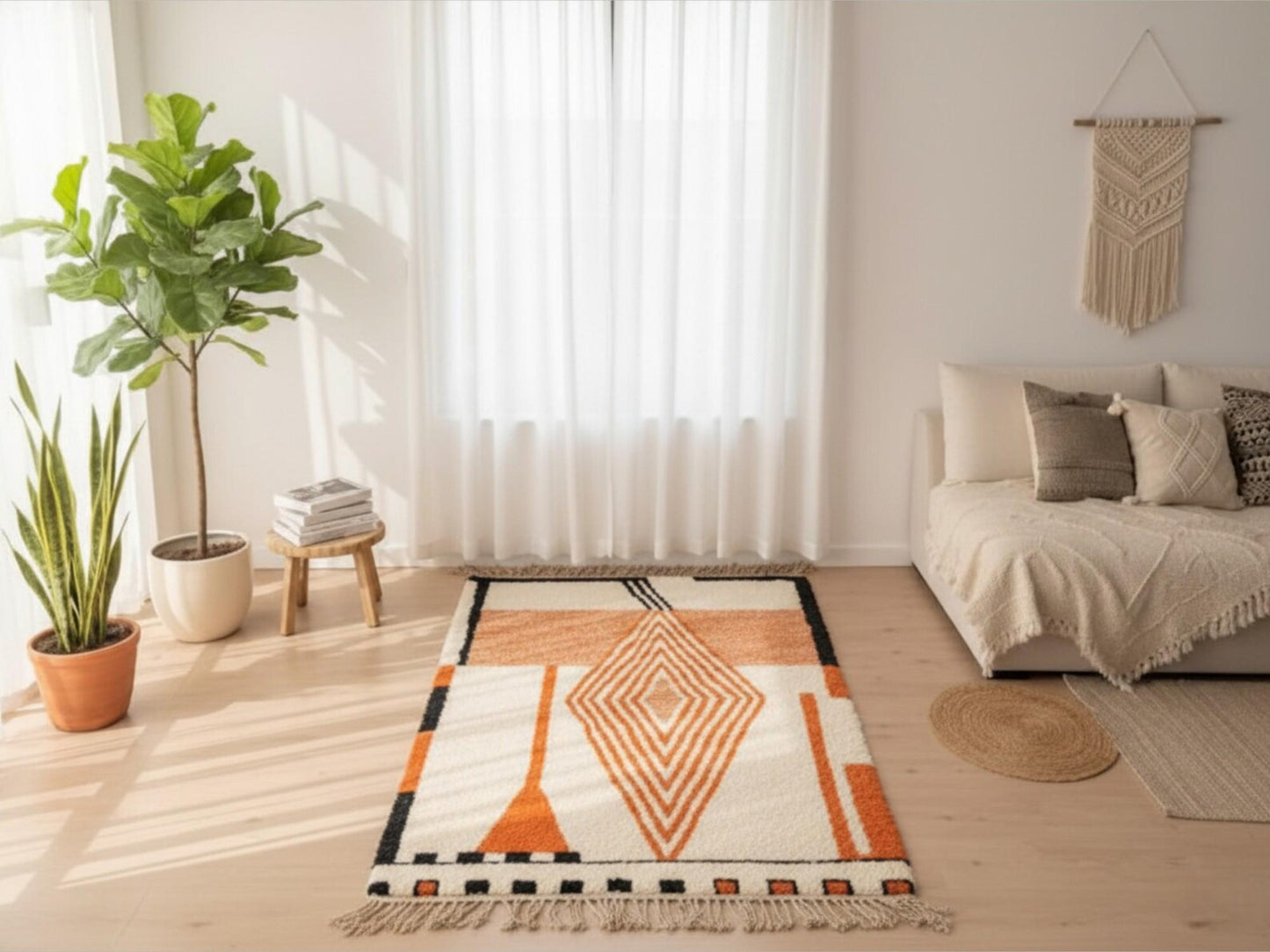Living room with a patterned rug, sofa, and plants
