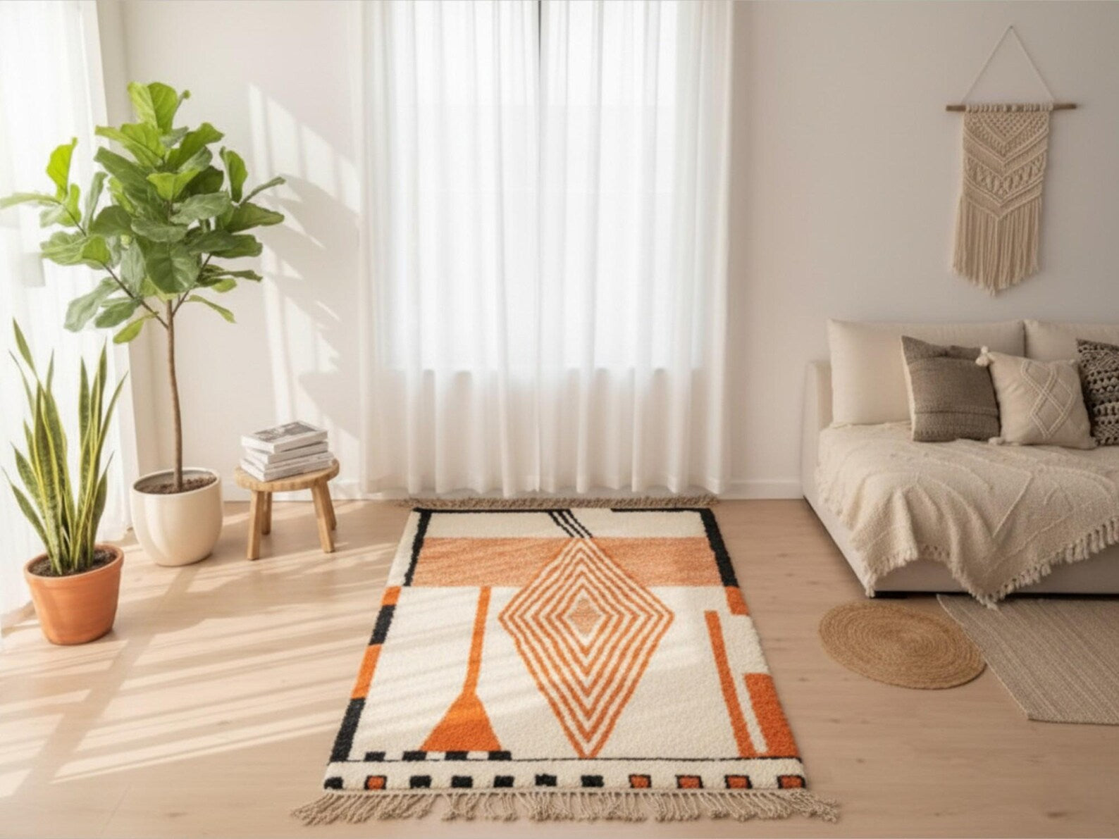 Living room with a patterned rug, sofa, and plants