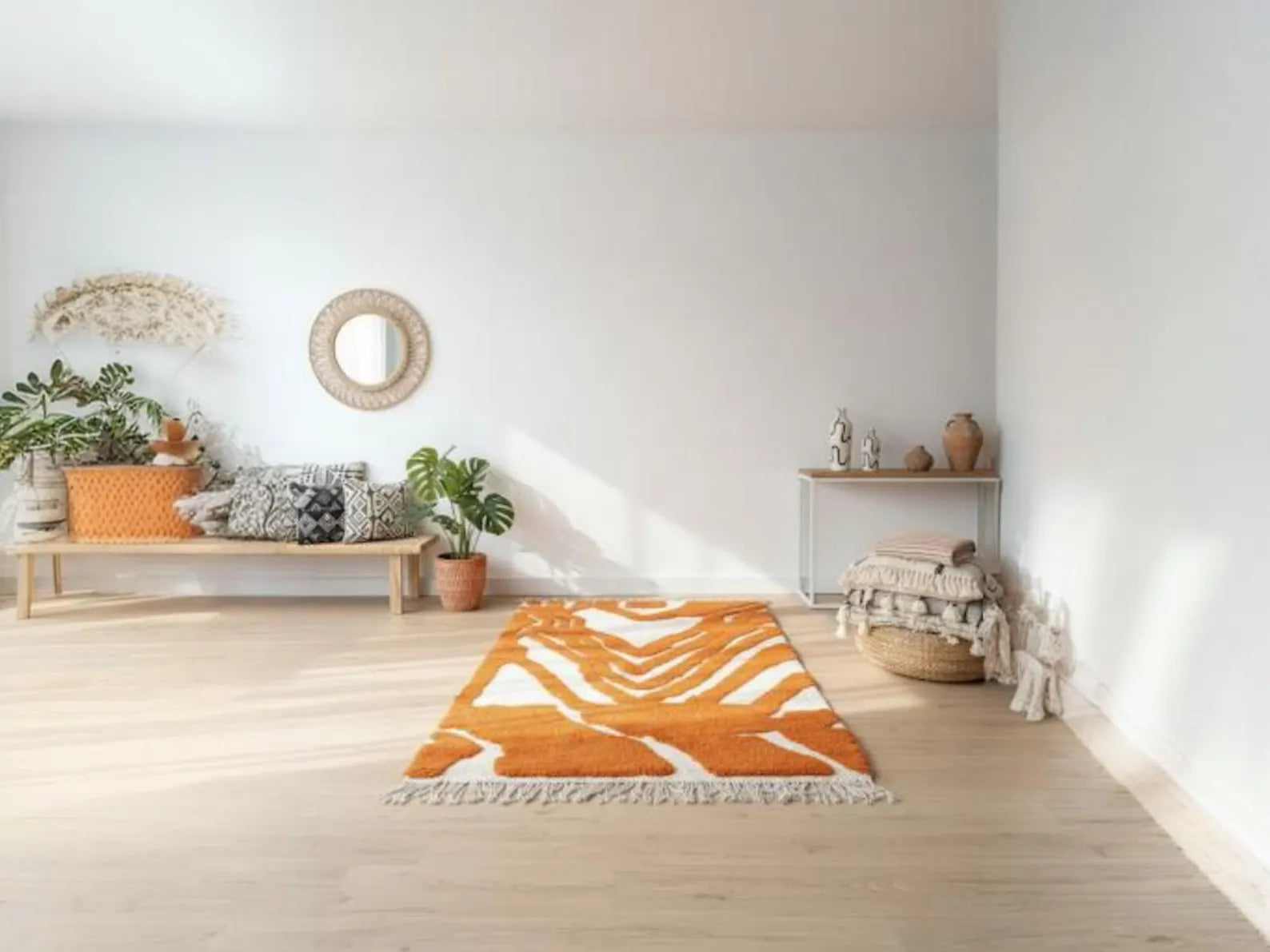 Orange and white patterned rug on a wooden floor with a bench, plants, and shelves in the background.