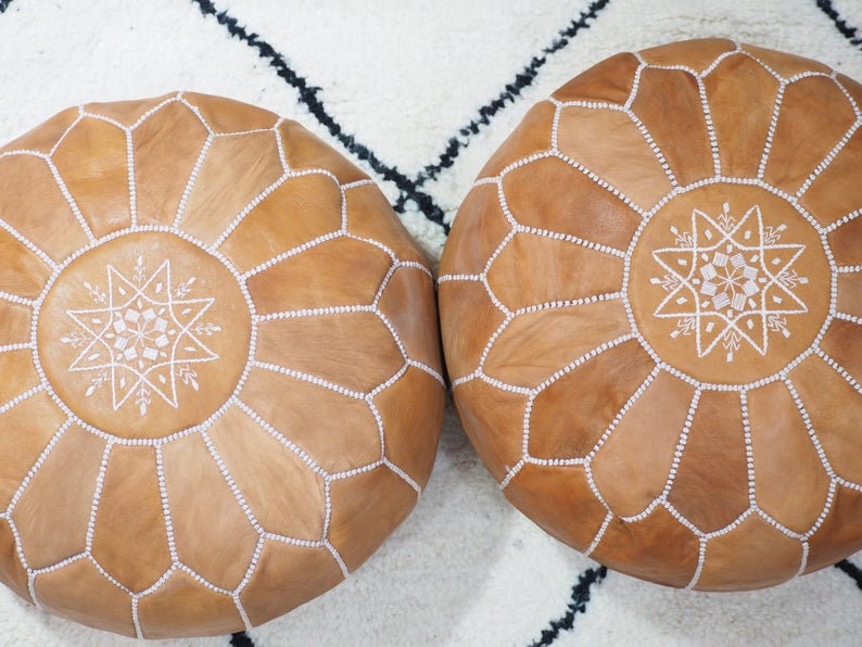set of two leather Moroccan Pouf 100% Leather, high Quality Ottoman