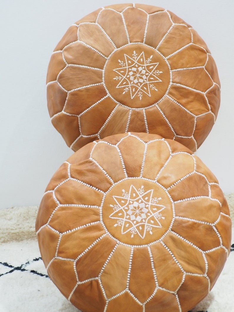 set of two leather Moroccan Pouf 100% Leather, high Quality Ottoman