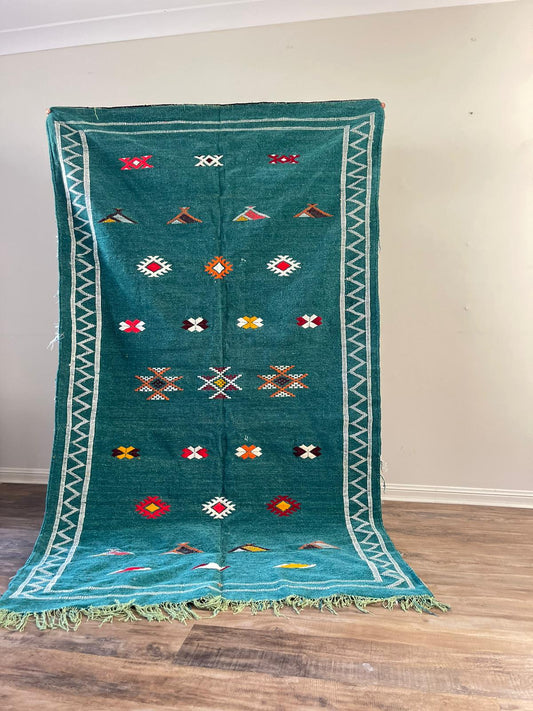 Kilim wool rug - Teal - 245cm x 140cm